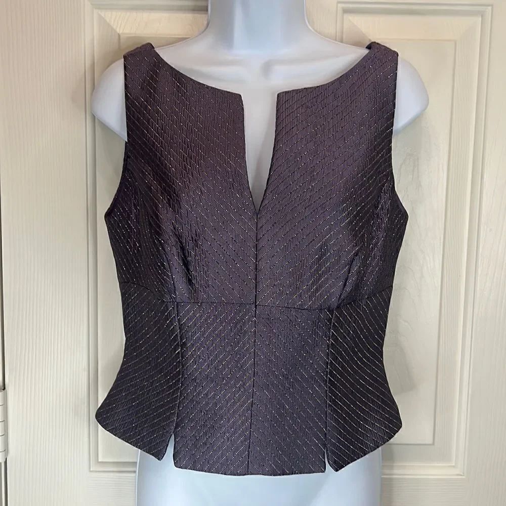 JS Collection Formal Top Size 6 Cropped V Neck Purple Gold Metallic Zipper Back